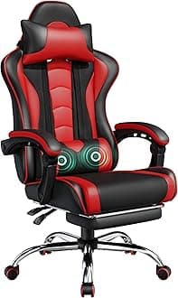 Gaming Chair, Video Game Chair with Massage Lumbar Support and Footrest Height Adjustable Ergonomic Computer Chair with Swivel Seat and Headrest, Black/Red