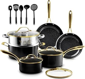 15 Pc Ceramic Pots and Pans Set Non Stick, Kitchen Cookware Sets, Pot and Pan Set, Ceramic Cookware Set, Non Toxic Cookware Set, Non Stick Pots and Pan Set, Dishwasher Safe - Black Gold
