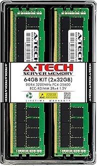 A-Tech 64GB Kit (2x32GB) DDR4 3200MHz PC4-25600 ECC RDIMM 2Rx4 1.2V Dual Rank Registered DIMM 288-Pin Server & Workstation RAM Memory Upgrade Modules (A-Tech Enterprise Series)