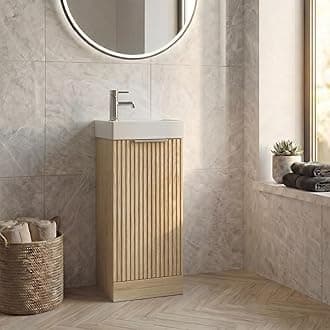 Fluted 400mm Bathroom Vanity Unit Ceramic Wash Sink, Cloakroom Storage Furniture Under Basin Cabinet Floorstanding Cupboard, Wood