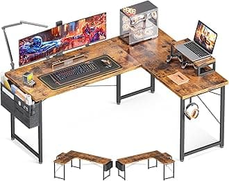 Casaottima L Shaped Computer Desk with Storage Bag, 57.5 Inch Reversible Gaming Desk, Home Office Corner Desk with Monitor Shelf, Space-Saving Writing Workstation Table, Easy to Assemble, Vintage