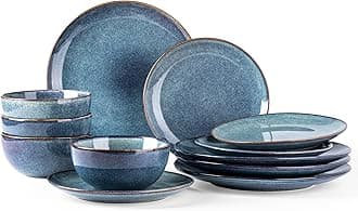 Ceramic Dinnerware Sets for 4, 12 Pieces Handpainted Plates and Bowls Set, Scratch Resistant Stoneware Dishes Set, Dishwasher & Microwave Safe, Ceylon Blue