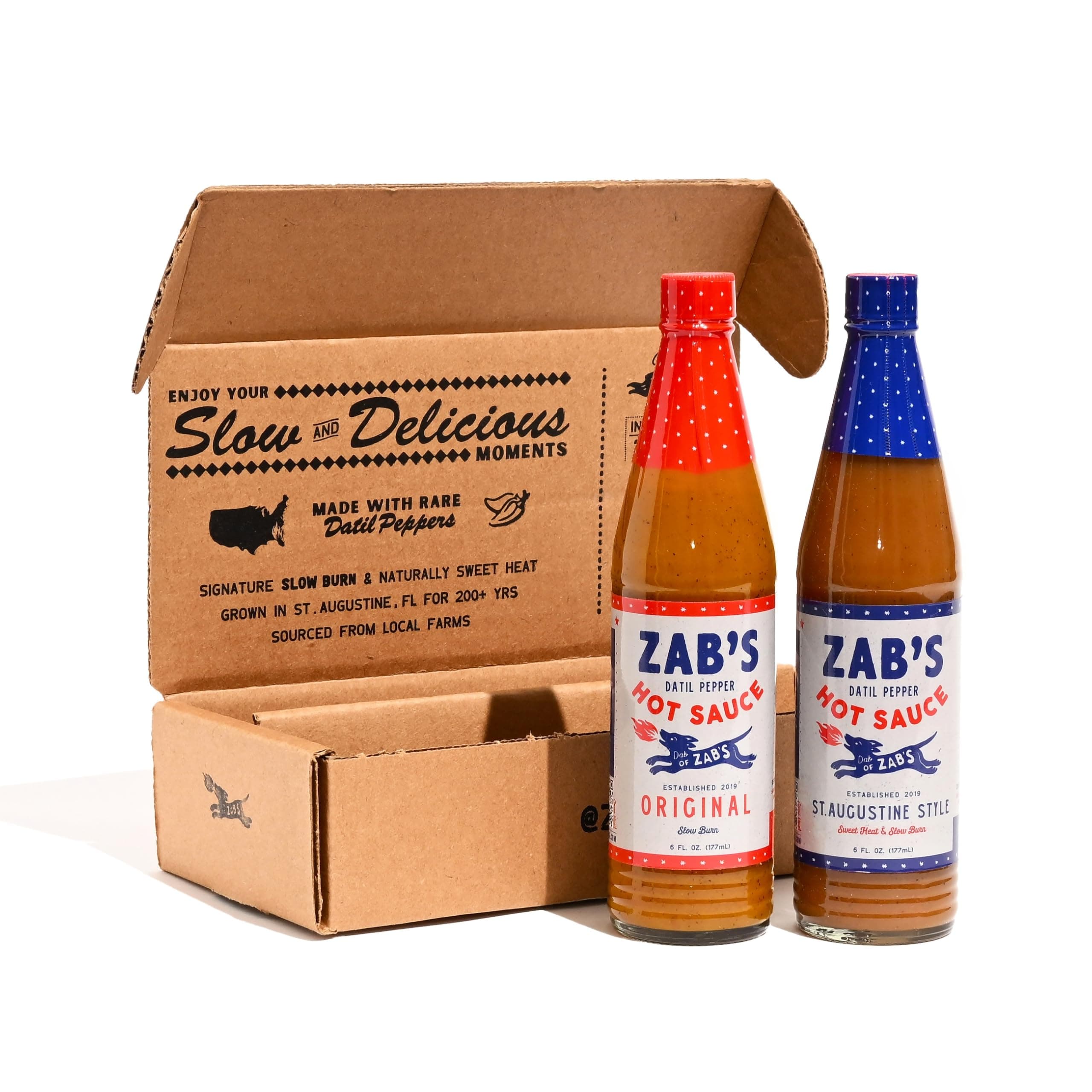 Hot Sauce Variety Pack, Original and St. Augustine Style (6oz Each, 2 Pack), Naturally Sweet Heat & Signature Slow Burn from Datil Peppers, Gluten-Free, Perfect for Pizza, Wings, BBQ, & More