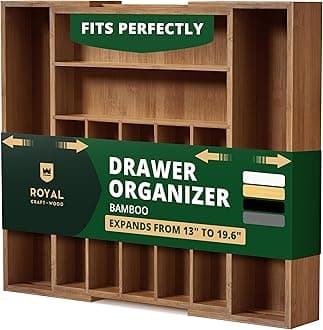 Luxury Bamboo Kitchen Drawer Organizer - Silverware Organizer - Utensil Holder and Cutlery Tray with Grooved Drawer Dividers for Flatware and Kitchen Utensils (9 Slot, Brown Bamboo)