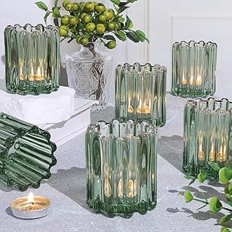 6 Pcs Votive Candle Holder, Green Glass Candle Holders, Tealight Candle Holder for Wedding Centerpieces Dinner Party Table Decor