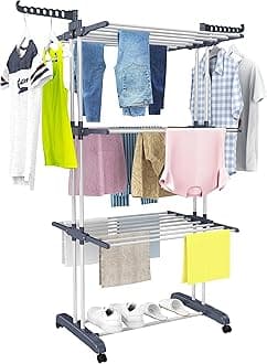 HOMIDEC Clothes Drying Rack, Oversized 4-Tier(67.7" High) Foldable Stainless Steel Movable Drying Rack with 4 castors, 24 Drying Poles & 14 Hooks for Bed Linen, Clothing, Grey