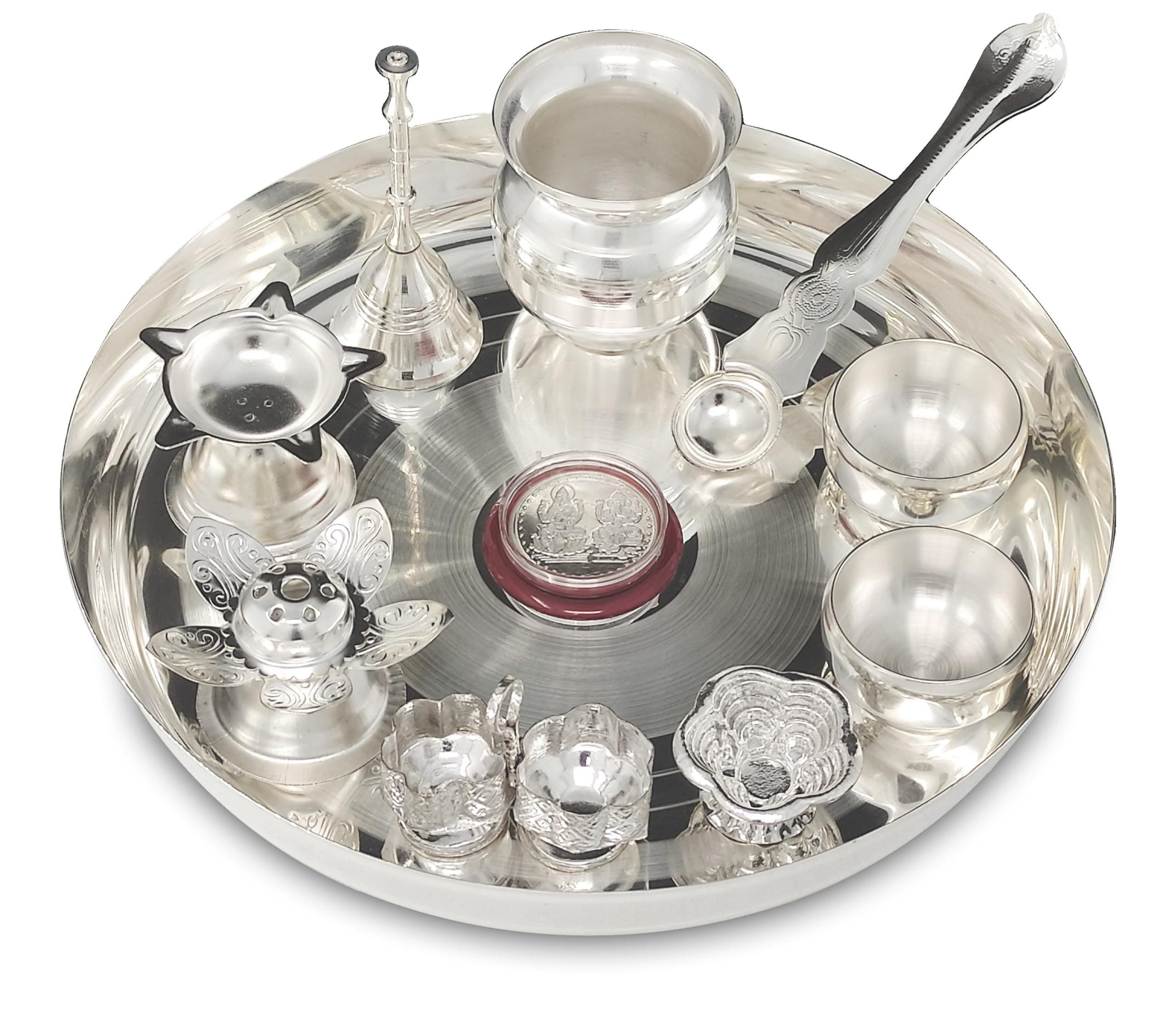 Silver Plated Pooja thali Set 8 Inch with Plate Kalash Bowl Agarbatti Stand Palli Diya Kumkum Stand Coin Puja Thali for Diwali Home Mandir Office Wedding Return Gift Items