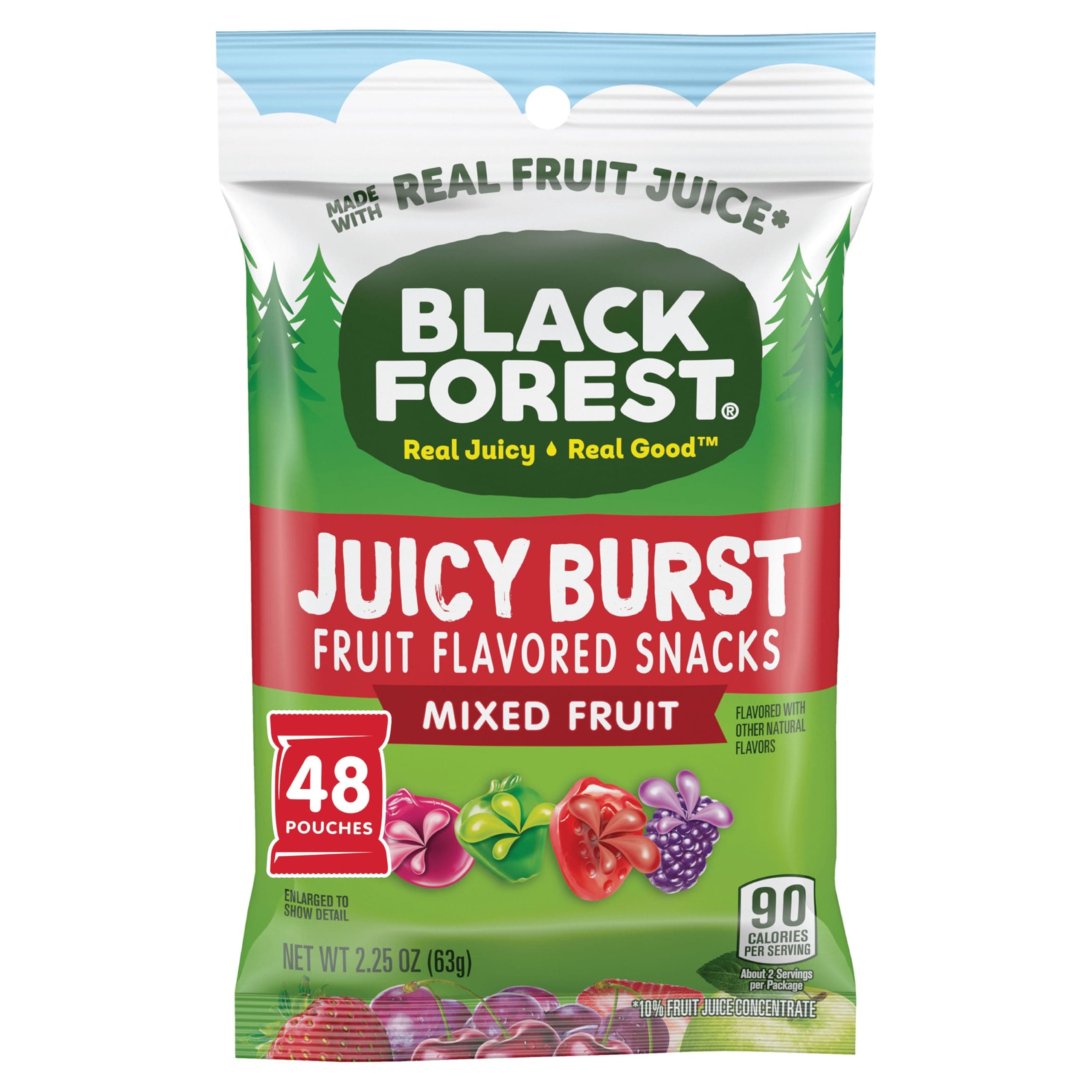 Black Forest Juicy Burst Fruit Snacks, Mixed Fruit, 2.25 Ounce Pouches (Pack of 48)