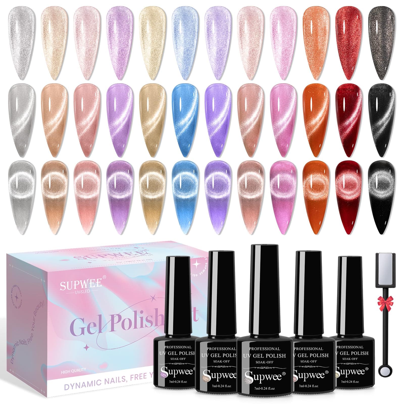 Magnetic Cat Eye Nail Polish Set, 12 Colors, 9D Cateye Nail Polish, Holographic Glitter, Magnetic Gel Polish, Soak Off Lamp, Gel Nail Art Manicure Kit