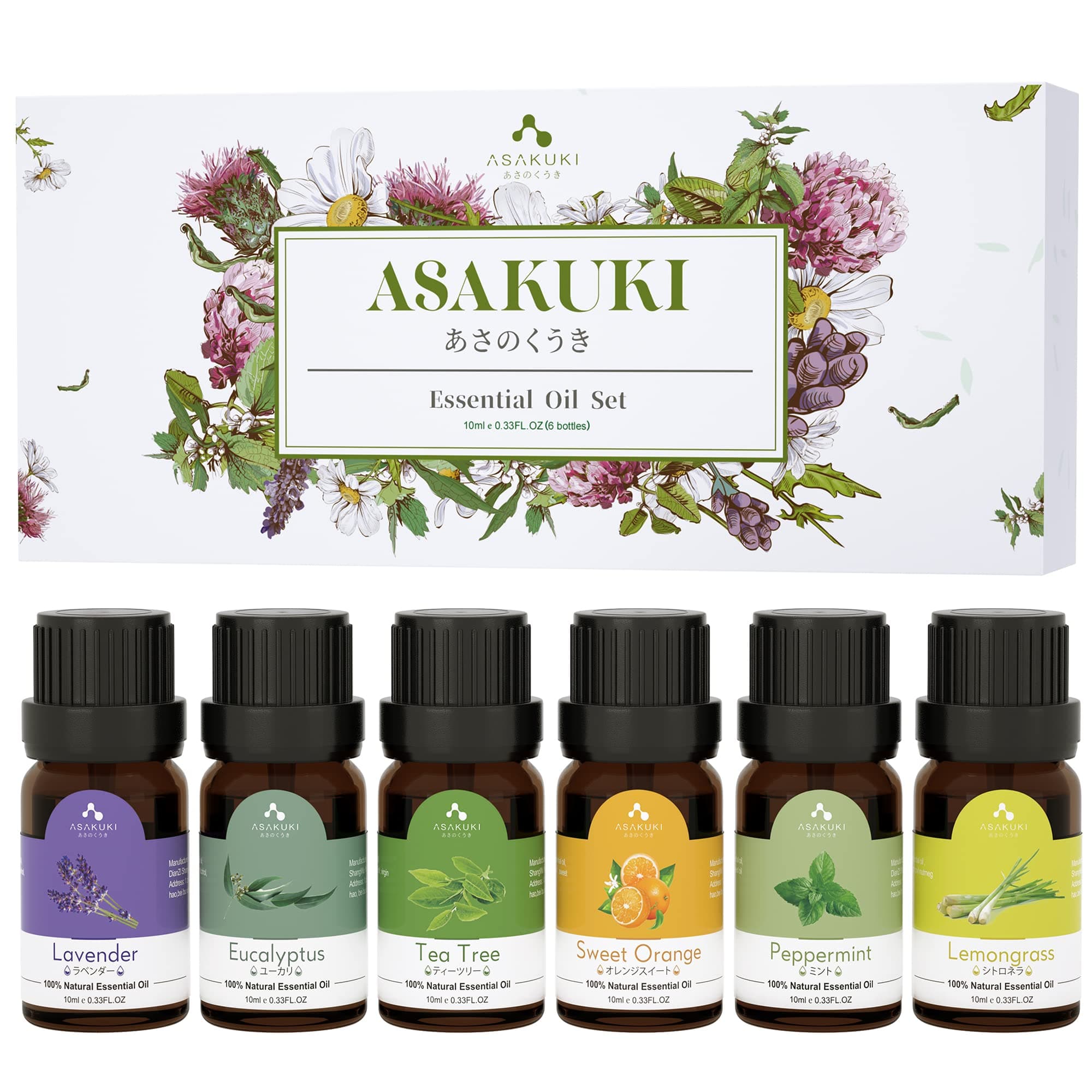 ASAKUKI Essential Oils Set, Starter Kit for Diffusers for Home Top6 Aromatherapy Gift - 6 Bottles*10mL(Lavender, Eucalyptus, Lemongrass, Tea Tree, Sweet Orange, Peppermint)