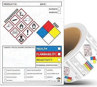 SDS OSHA Data Labels 4 x 3 Inches, Roll of 250 Stickers for Chemical Safety, GHS Pictograms & Perforated Edges, HMIS & Hazard Compliant, Secondary Containers