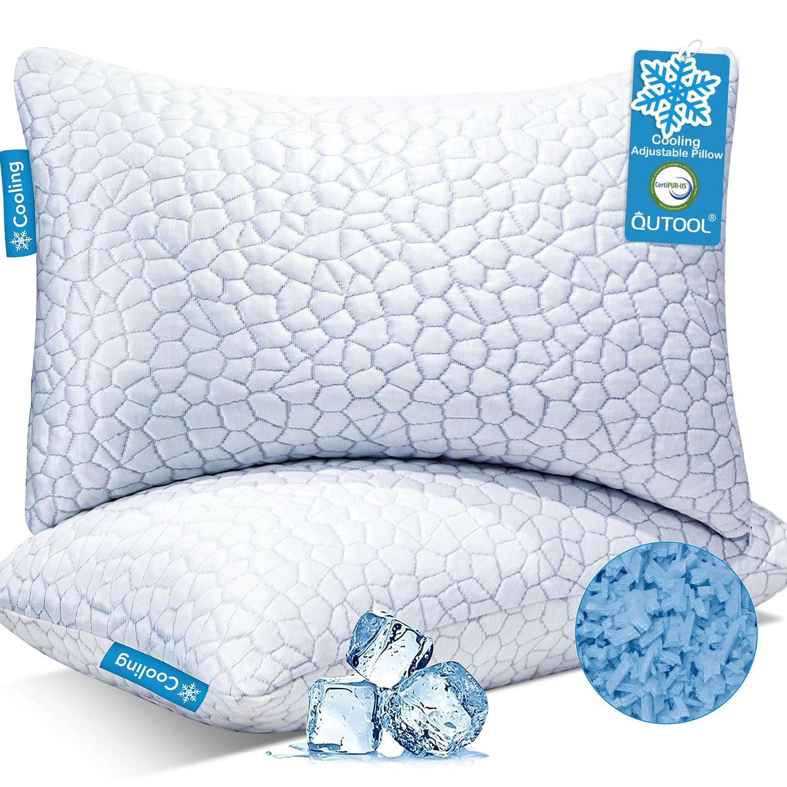 QUTOOL Cooling Pillow for Sleeping 2 Pack,Luxury Shredded Memory Foam Bed Standard Pillows Set of 2,Cool Pillow for Hot Sleepers Adjustable Firm Pillow for Side,Back,Stomach Sleepers Soft Yet Support