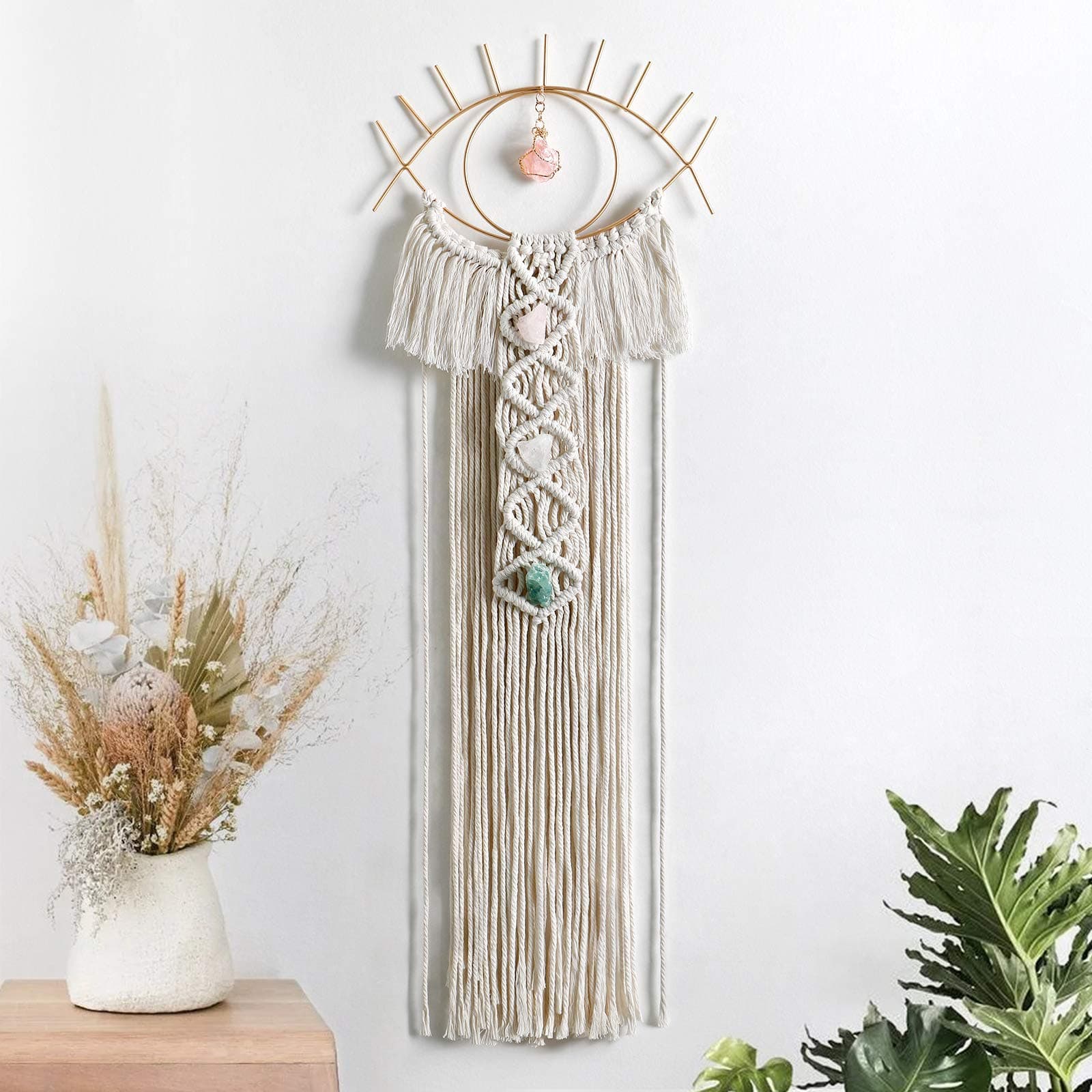 Macrame Wall Hanging Evil Eye Dream Catcher with Crystal Stone Pendant Boho Woven Macrame for Bedroom Home Decoration Bohemian Apartment Ornament Craft Gift(Beige)