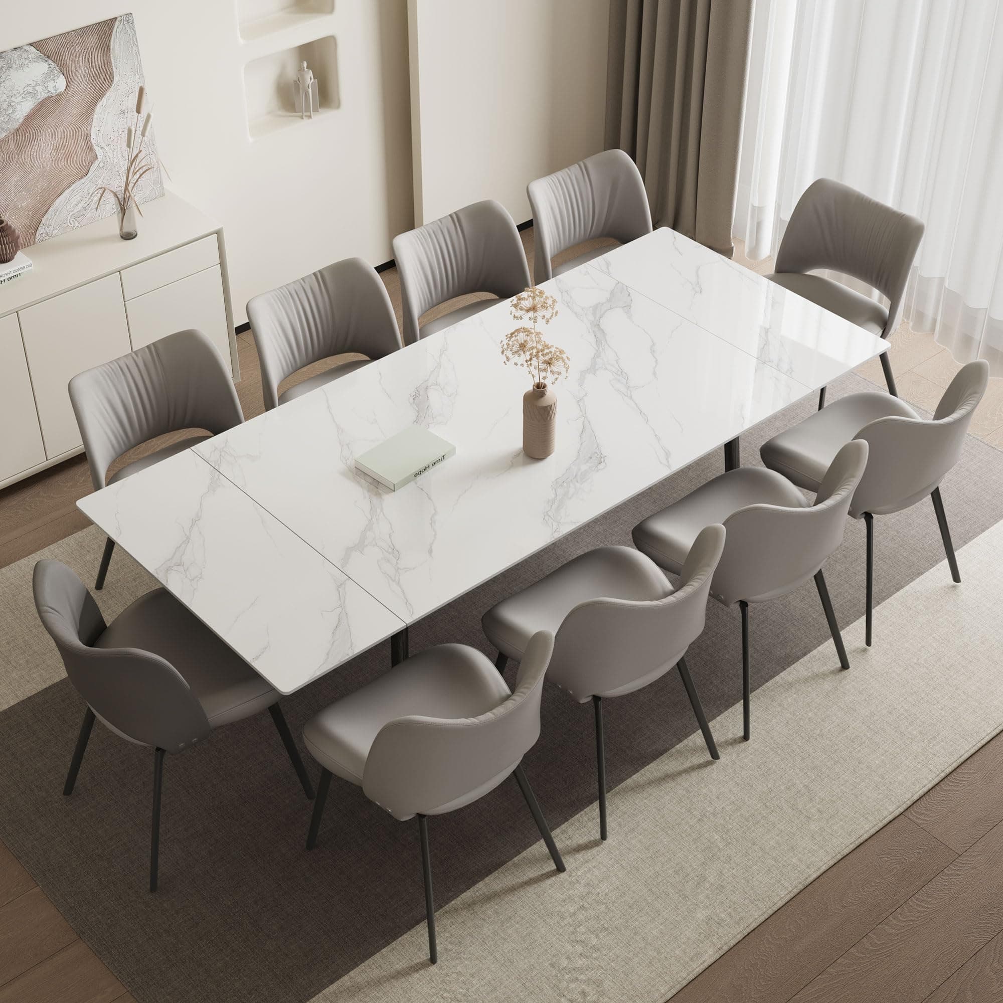 Extendable Dining Table (62.9" to 94.4") for 6 to 10 - Modern Rectangular Sintered Stone Table with High Hardness and Easy Maintenance - Stylish White