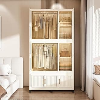 Portable Plastic Wardrobe Closet Organizer with 9 Magnetic Doors, 7 Cubes & 2 Hanging Rods, Foldable Baby & Kids Closet Storage Cabinet, White, Includes 6 Hangers for Clothes & More