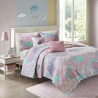 Kids Reversible Cotton Quilt Set - Vibrant Fun, Playful Print, All Season Children Bedding Coverlet Bedspread, Decorative Pillow, Bedroom Décor, Full/Queen, Cloud Pink 5 Piece