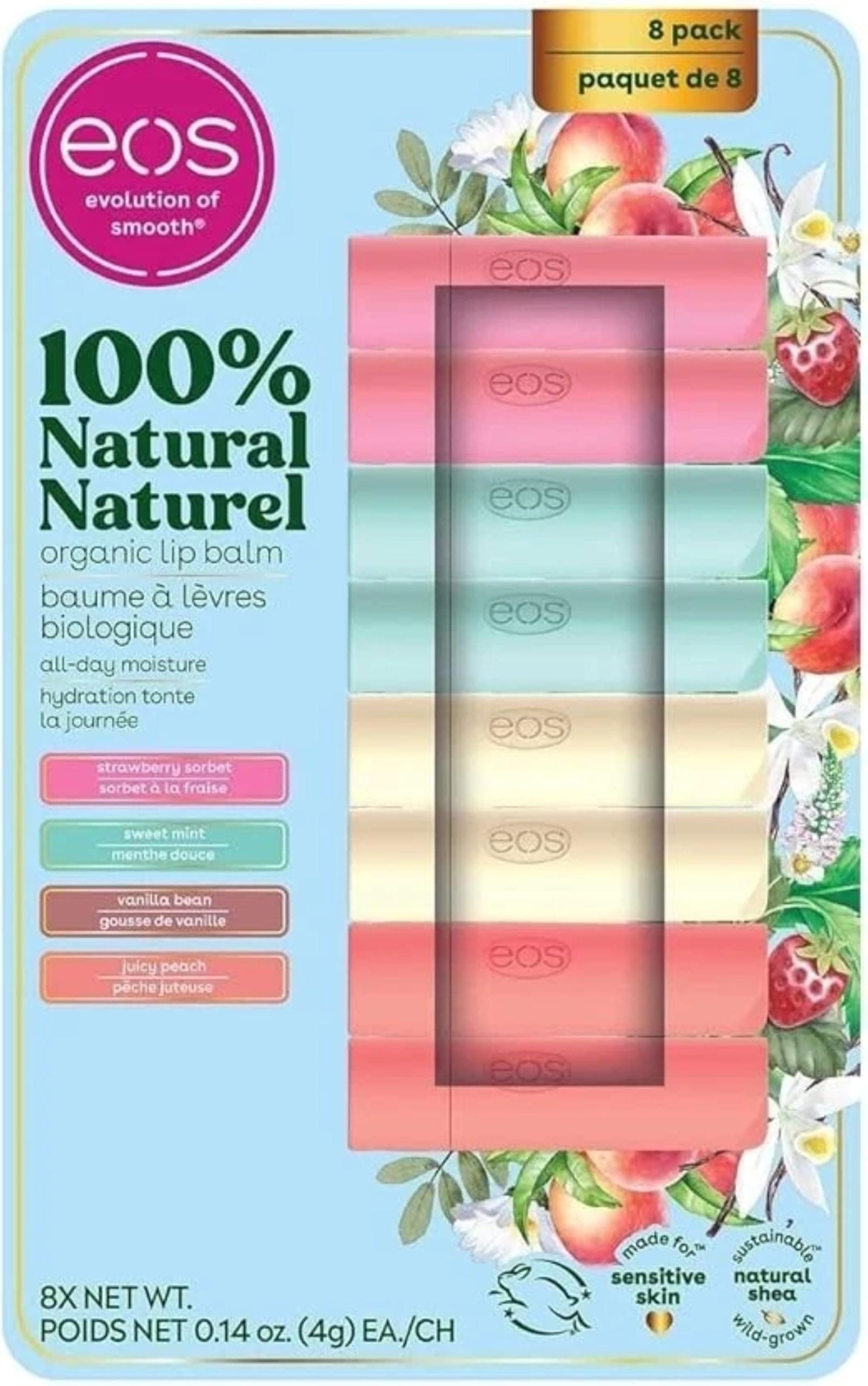 Eos Natural Shea Lip Balm Stick, 8-pack, 2 Mango Melonade, 2 Coconut Milk, 2 Pineapple Passionfruit, 2 Watermelon Frosé