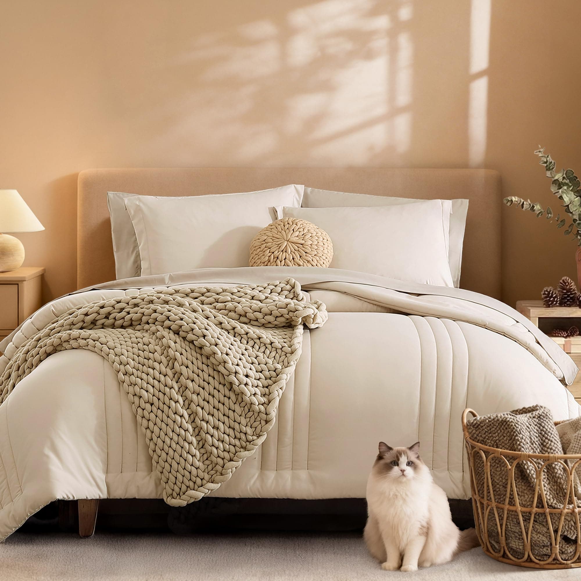 Monbix Queen Comforter Sets,Queen Bedding Set 7 Pieces, All Seasons Comforters,Fluffy Bed Set Warm Bed in A Bag Queen with Sheets(Apricot Beige, Queen, 90''x90'')