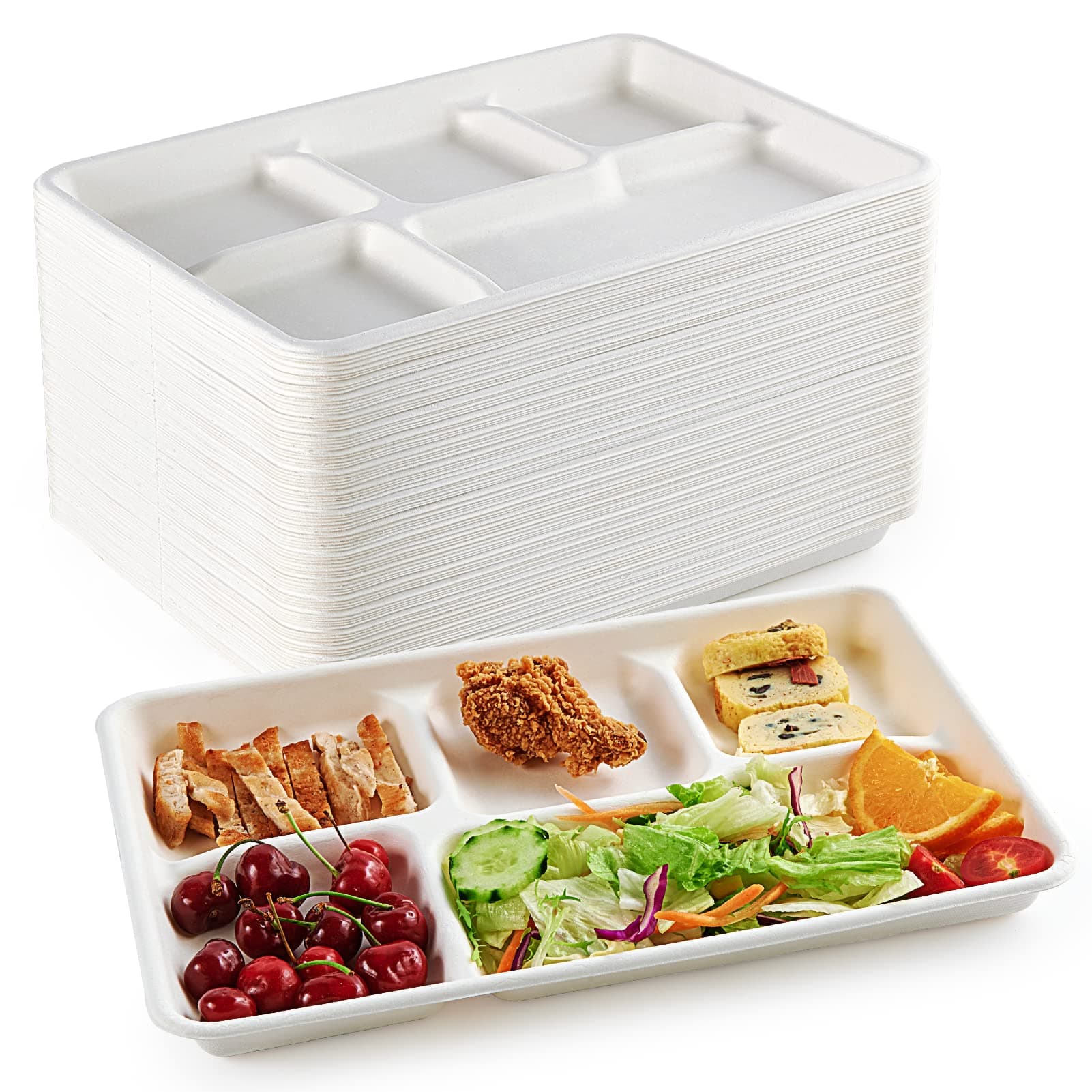 100% Compostable 5 Compartment Plates, 100 Pack Disposable Compartment Paper Plates, 12.5 * 8.6 inch Biodegradable Sugarcane Plates, Eco-Friendly School Lunch Trays