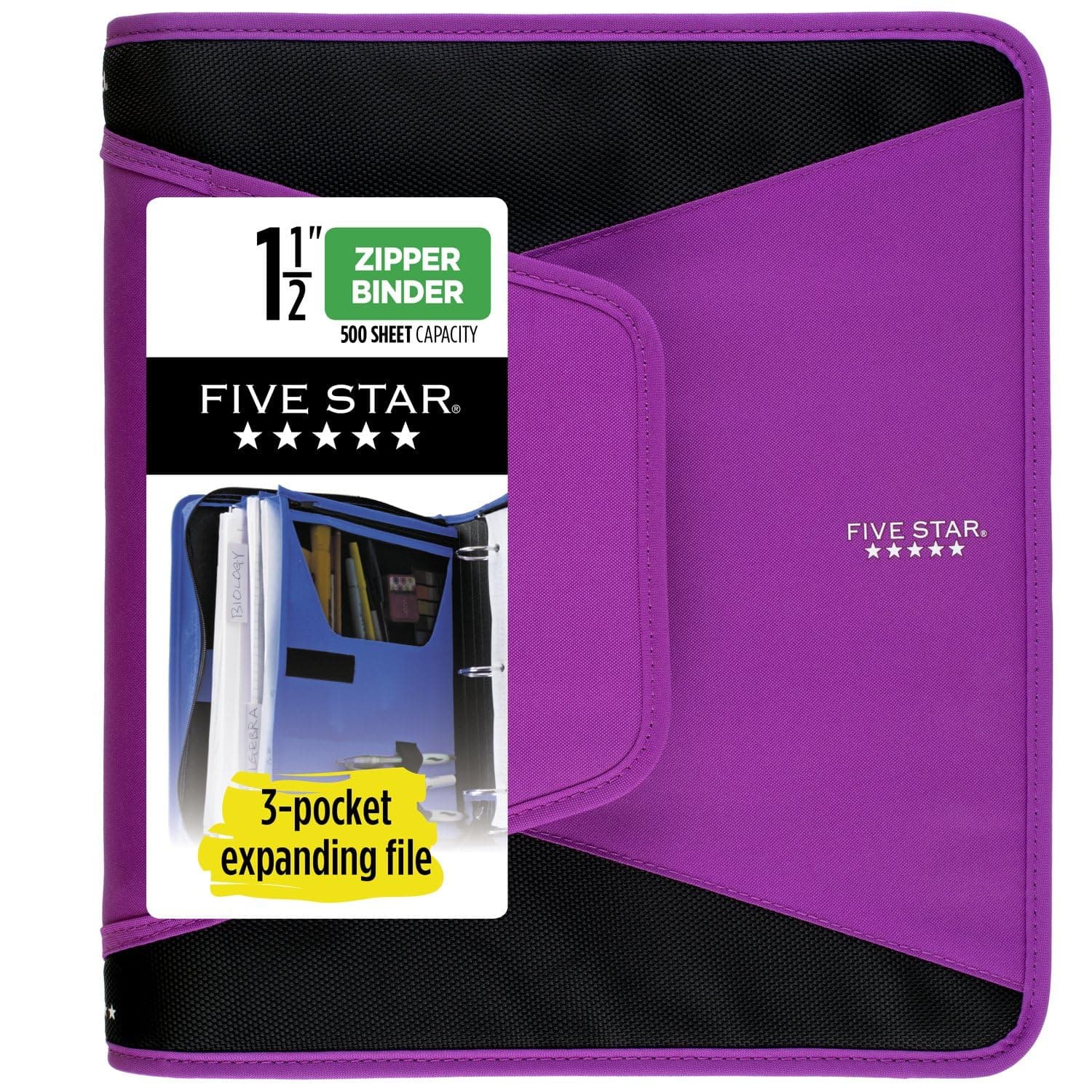 Five Star Zipper Binder, 1.5 Inch 3-Ring Binder for School, 3 Pocket Expanding File, 500 Sheet Capacity, Berry Pink/Purple (72532)