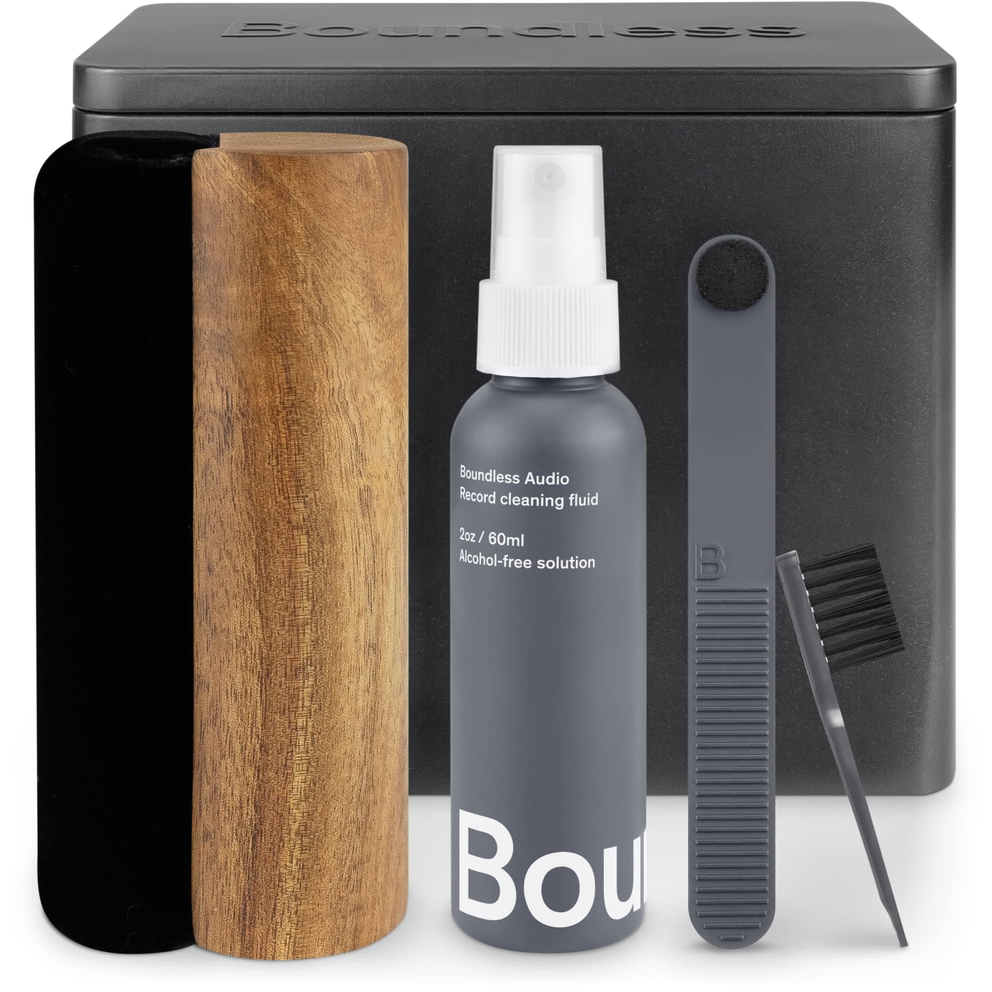 Boundless Audio Record Cleaner Kit - 5-in-1 Vinyl Record Cleaning Kit Includes Velvet Record Brush, Stylus Brush, Record Cleaning Solution, Cleaning Brush & Metal Case - Premium Vinyl Cleaning Kit