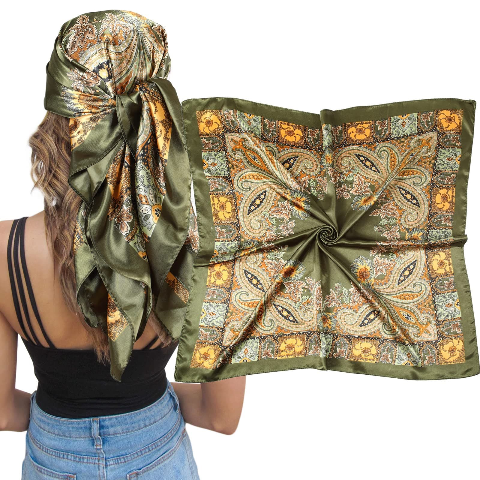 35” Square Satin Head Scarf - Silk Hair Scarves Bandana Sleeping Head Wraps Neck Scarf for Women