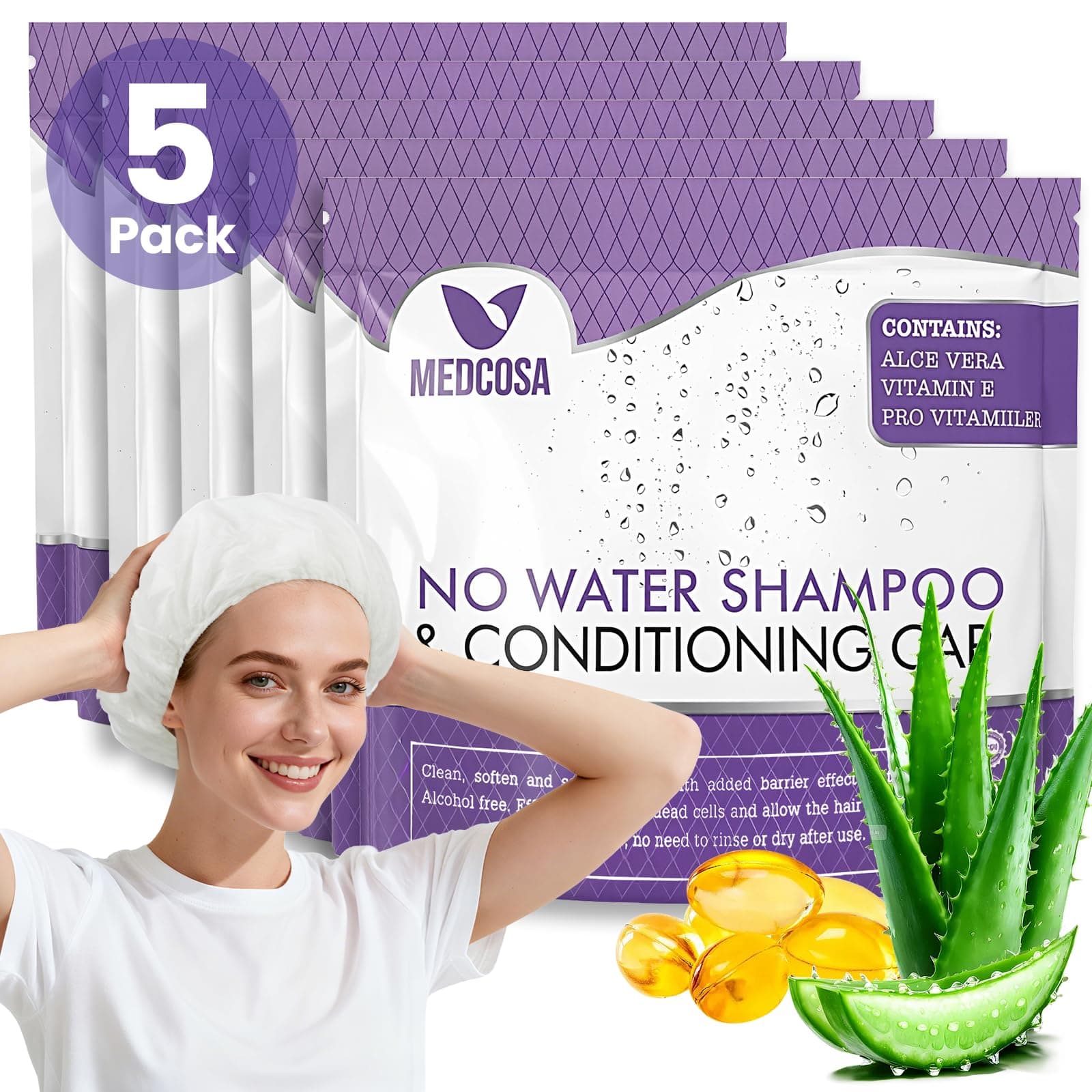 Medcosa Shampoo Caps No Rinse - Shampoo Caps for Bedridden Patients - Hassle-Free Hair Washing Cap for Elderly - Aloe, Vitamin E, Chamomile - 5-Pack
