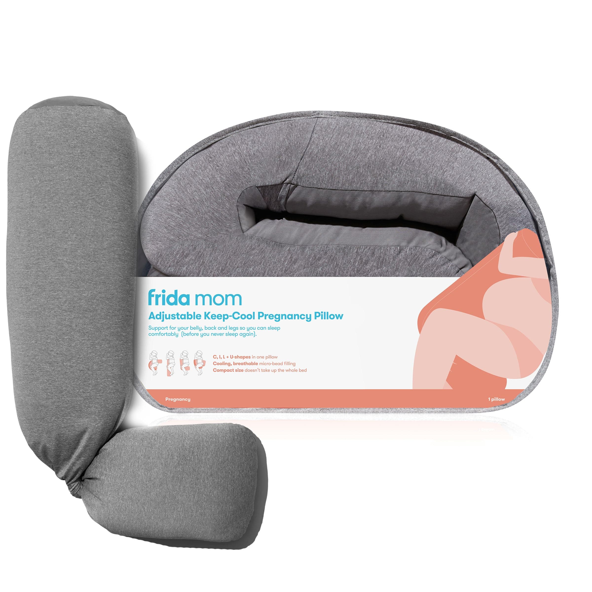 – Frida Mom Adjustable Keep-Cool Pregnancy Pillow | Support for Belly, Hips + Legs for Pregnant Women | Breathable + Cooling Grey Fabric