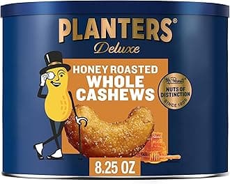 PlantersDeluxe Honey Roasted Whole Cashews, Party Snack, Plant-Based Protein, After School Snack, Sweet and Salty Snack Nuts, Quick Snack for Adults, Flavored Cashews, Kosher, 8.25oz Canister