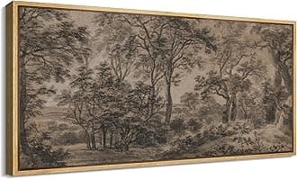 SIGNFORD Extra Large Framed Canvas Print Wall Art Vintage Forest Landscape in Sepia Tones Illustrations Modern Art Calm Warm for Living Room, Bedroom, Office - 60"x30"