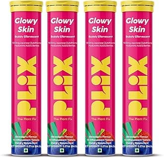 PLIX THE PLANT FIX 500mg Glutathione Skin Glow 60 Effervescent Tablets for Clear and Youthful Look | Vitamin E Reduces Pigmentation, Fades Dark Spots, Hydration | Pack of 4, Strawberry Flavour