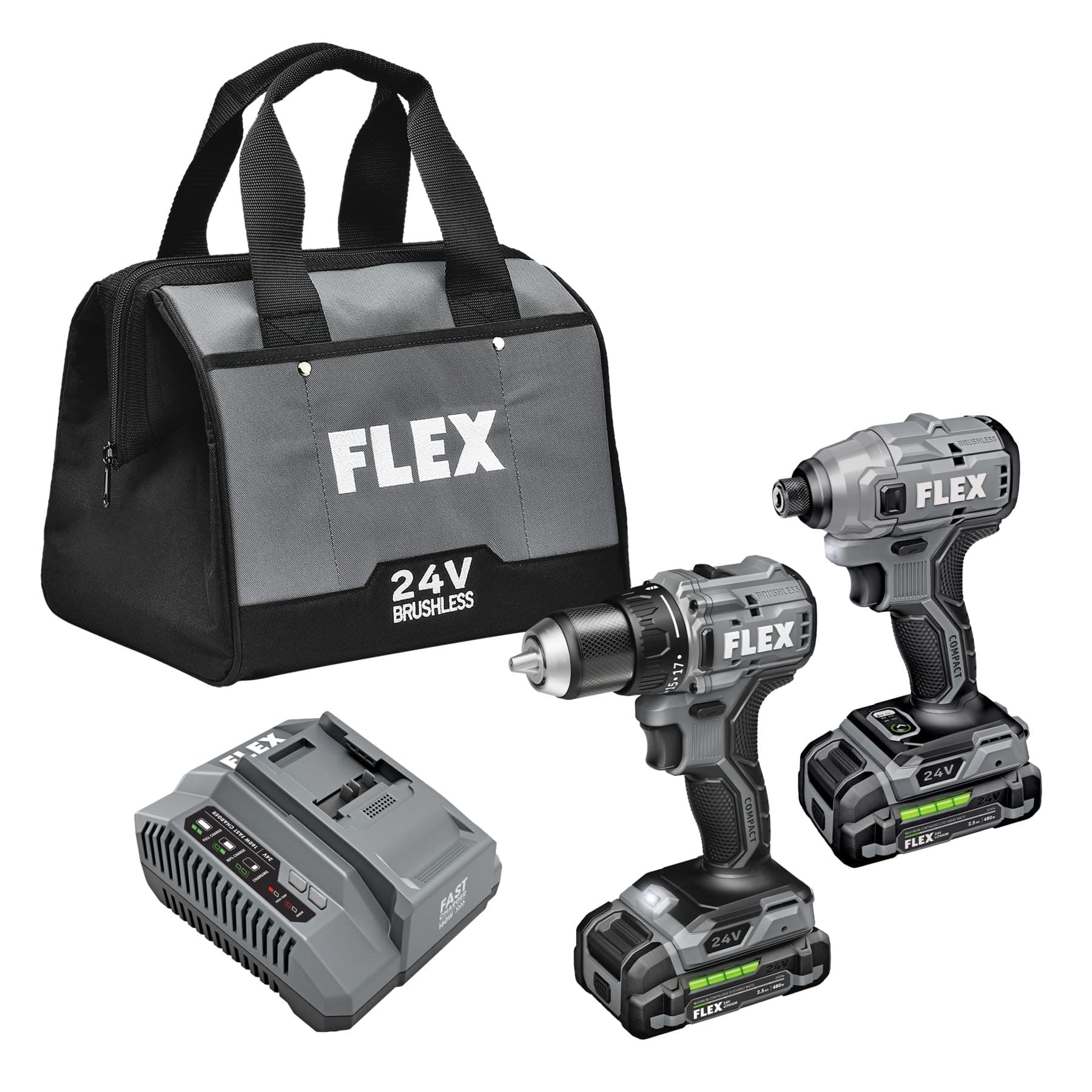 FLEX 24V Brushless Cordless 2-Tool Compact Combo Kit: 1/2-Inch 2-Speed Drill and 1/4-Inch Hex Puller with (2) 2.5Ah Lithium Batteries and 160W Fast Charger - FXM205-2A