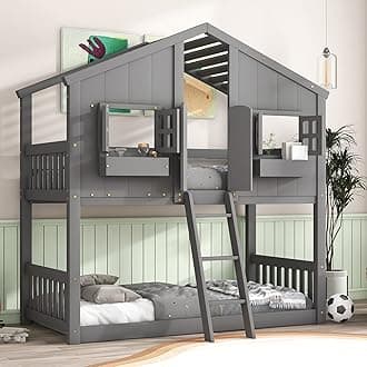 MERITLINE Twin Over Twin House Bunk Bed, Wood Floor Bunk Bed Frame with Roof, Window, Window Box & Door, Twin Bunk Bed for Kids Boys Girls Teens (Grey)