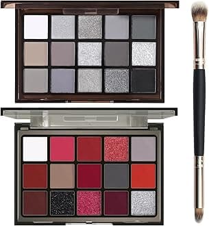 UCANBE 2pcs Halloween Eyeshadow Palette Makeup Set, Black Red Colors Shimmer Matte Metallic Smokey Dark Eye Shadow Pallet with Soft Brush Kit, Goth Eye Make Up for Costume Joker Clown Vampire