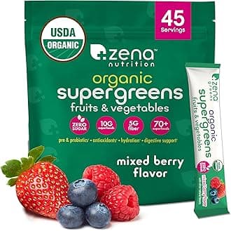 Zena Nutrition Organic Super Greens Powder, 70+ Superfoods, 0 Sugar, 5G Fiber, Spirulina, Chlorella, Antioxidants, Prebiotics/Probiotics, Digestive Enzymes, Mixed Berry, 45 Drink Mix Packets