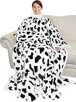 Catalonia Cow Print Sherpa Wearable Blanket with Sleeves & Foot Pockets for Adult Women Men, Comfy Snuggly Wrap Sleeved Throw Blanket Robe, Gift Idea