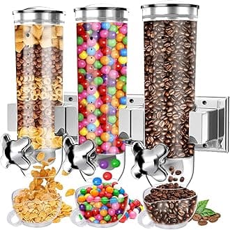 Food Dispenser Wall Mounted Grain Dispenser, Cereal Dispenser with Cup, Dry Food Dispenser Wall Mounted Triple Cereal Dispenser, Candy Dispenser Grain Dispenser for Kitchen Store Nut Coffee Beans 4.5L