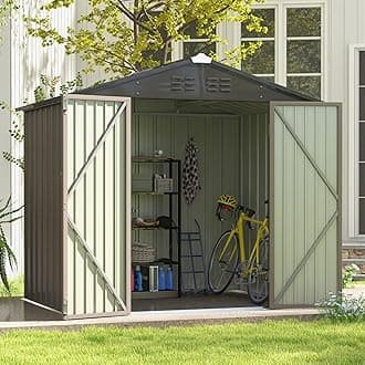 8x6 FT Outdoor Storage Shed, Metal Tool shed & Outdoor Storage with Lockable Doors & Air Vents, for Backyard Garden Patio, Brown
