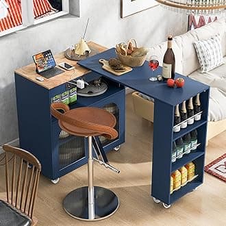 LUMISOL Kitchen Island on Wheels with Extended Table, Rolling Kitchen Cart with LED Lights & Power Outlets, Side Table with 3 Open Shelves and 2 Fluted Glass Doors, Navy