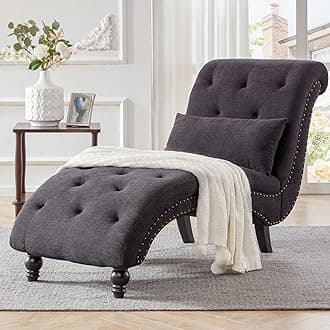 Tufted Soft Chaise Lounge Indoor, Linen Rivets Chaise Lounge Chair for Bedroom Living Room, Armless Upholstered Chaise Couch Chair with Square Cushions and Solid Wood Legs, (Black)