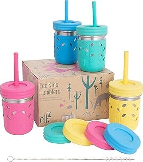 Elk and Friends 10oz Stainless Steel Kids + Toddler Drinking Cups | The Original Mason Jar with Sleeves + Lids | Silicone Straws | Smoothies | Storage Jar | Spill Resistant | Dishwasher Safe | 4 Pack