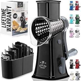 Zulay Kitchen Rotary Cheese Grater 5 Blade Cheese Shredder - Manual Hand Crank Cheese Grater With Reinforced Suction & 5 Interchangeable Drums - Easy to Use, Vegetable Chopper Round Mandoline Slicer