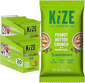 KiZE Energy Bars - Peanut Butter Crunch - 20-Count - Gluten Free, Non-GMO, and High Protein Meal Replacement Energy Bars, Clean and Simple Food Ingredients - 10g High Protein Snacks (20 Count)
