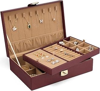 Vlando Jewelry Box 2 Layer Large Jewelry Organizer PU Leather Display Jewellery Holder with Removable Tray for Necklace Earrings Rings Bracelets, Home Decor Gift Box Packaging Red