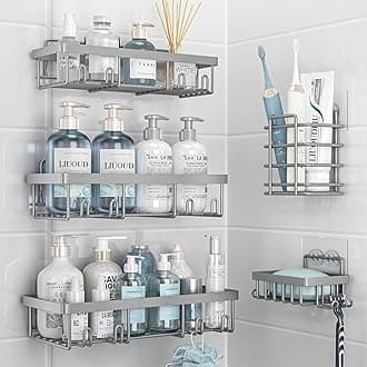 5 Pack Shower Caddy Organizer Rack Shelf for Inside Shower, Self Adhesive Bathroom Wall Storage Basket Rustproof Stainless Steel Large Capacity Shampoo Holder, Grey