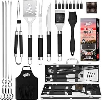 Kaluns Grilling Accessories, Dad Gifts for Christams Grilling Gifts, Heavy Duty Stainless Steel BBQ Grill Tools Set for Outdoor Grill with Aluminum Case and Apron, Dad Birthday Gifts for Men Husband
