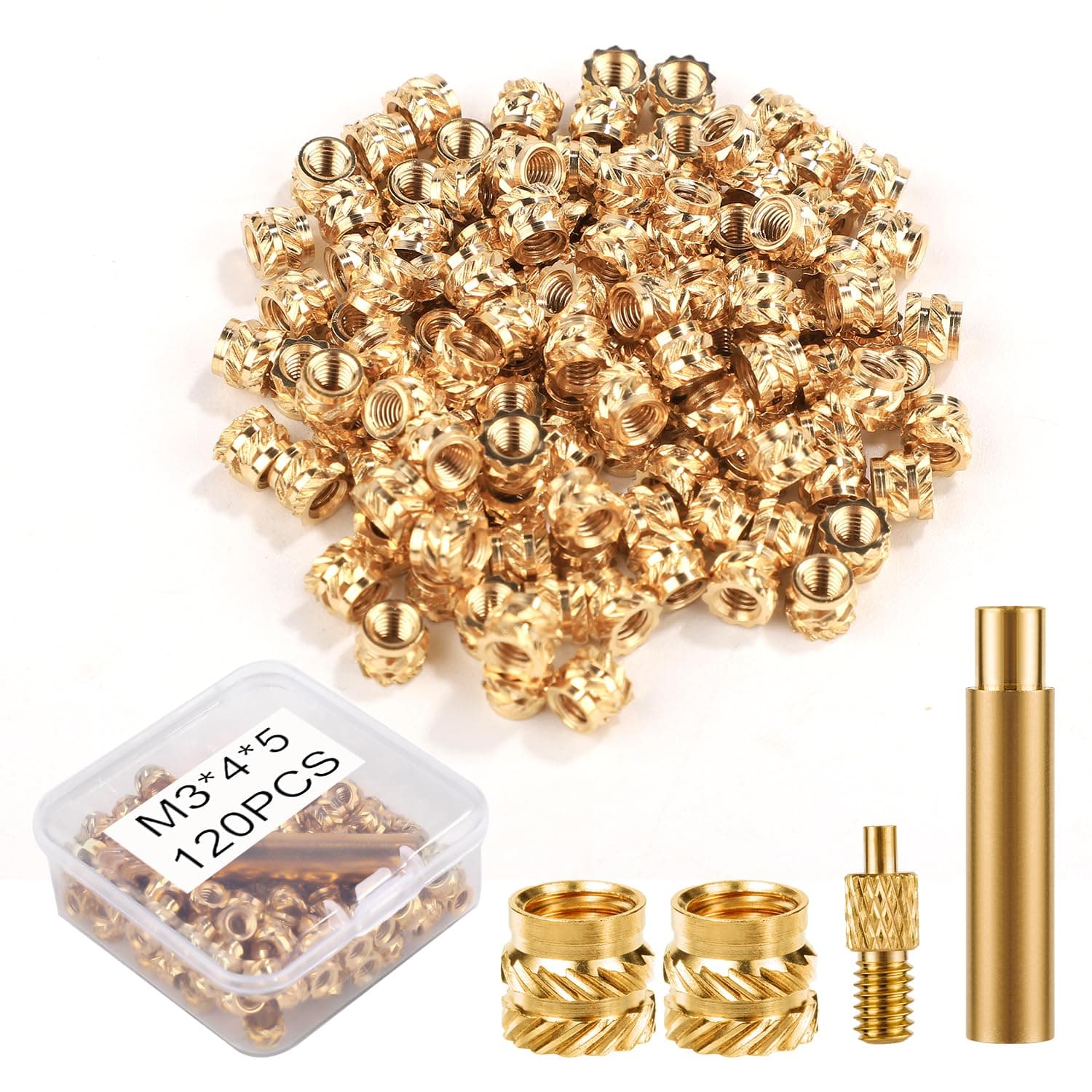 120pcs 3D Printing Brass Nuts, M3x4x5mm Threaded Inserts Heat Set Insert Tip for M3 & 1 Welding Adapter Heat Embedment Nut Printing Accessories Compatible with Weller SP40NUS and T18 Irons