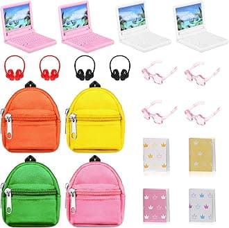 20 Pieces Mini Backpack for Dolls Dollhouse Accessories Include Tiny Micro Backpack with Zipper Laptop Books Headsets Sunglasses Cute School Scene Simulation Toys for 1/12 1/6 Scale(Elegant Style)