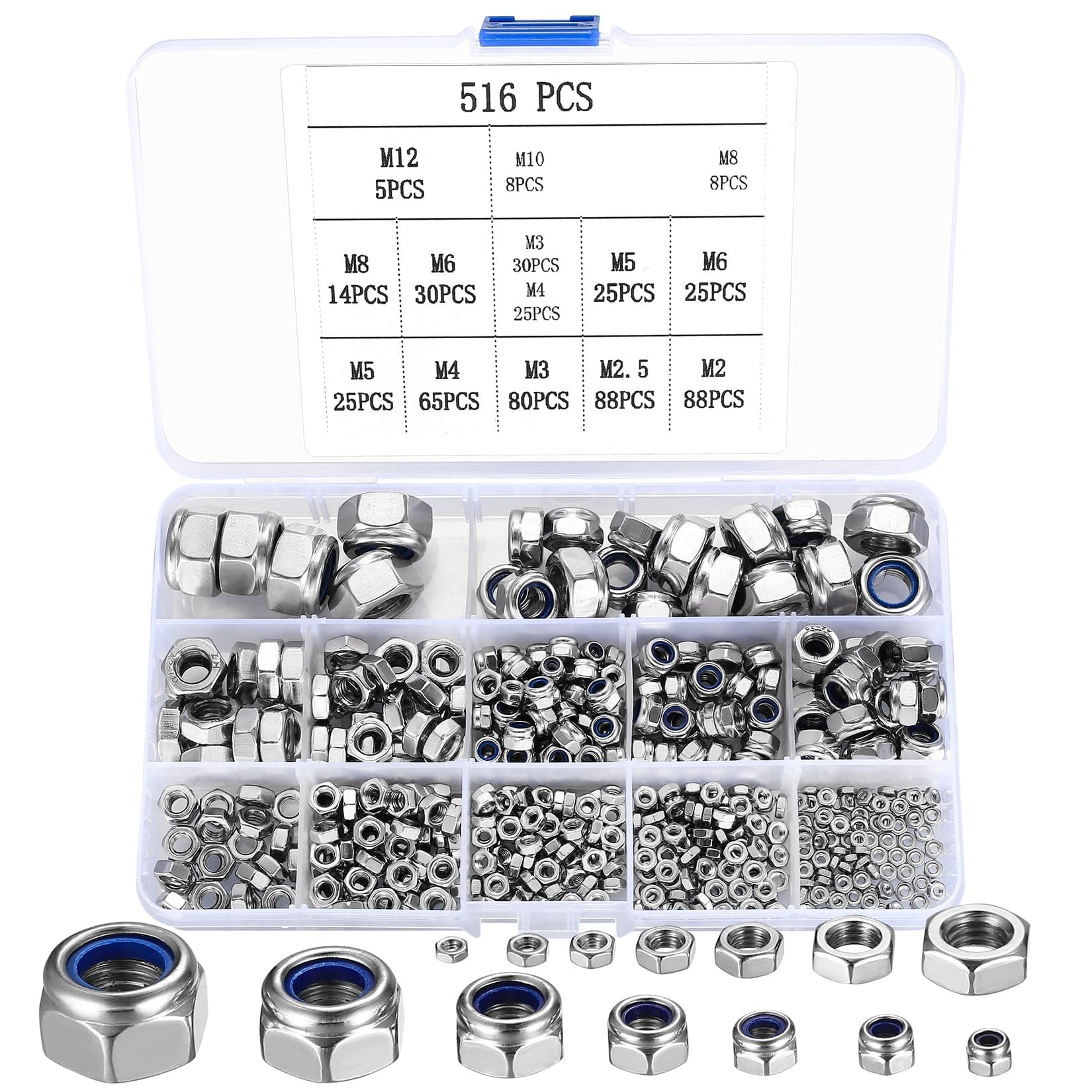 516 Pcs Nylock Nuts, Self Locking Nuts, Nylon Insert Lock Nuts, Stainless Steel Hex Nuts, Thread Hexagon Nuts with Nylon Inserts for Bolts, Screws, Components, M2 M2.5 M3 M4 M5 M6 M8 M10 M12 (银色)