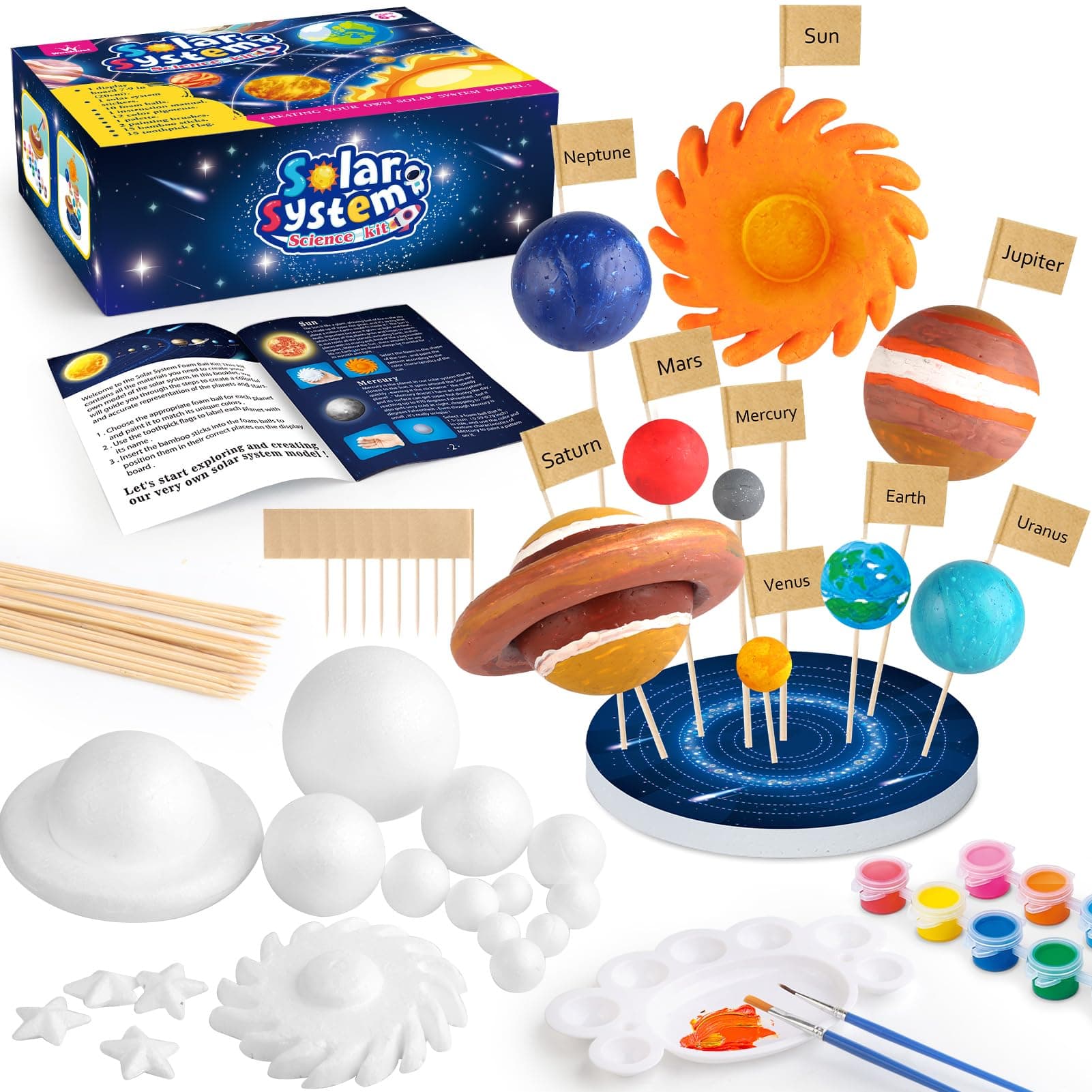 64 PCS Solar System Project Kit, Solar System Model Kit with 13 Mix Foam Balls, Solar System Toys for Kids 3-5, Learn Planets Science Kit School Project Supplies of Bamboo Sticks, Flags, Brushes